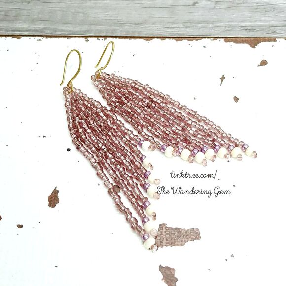 Pink & White Beaded Fringe Cascade Shoulder Duster Dangle Earrings, 3.5" - Picture 4 of 7